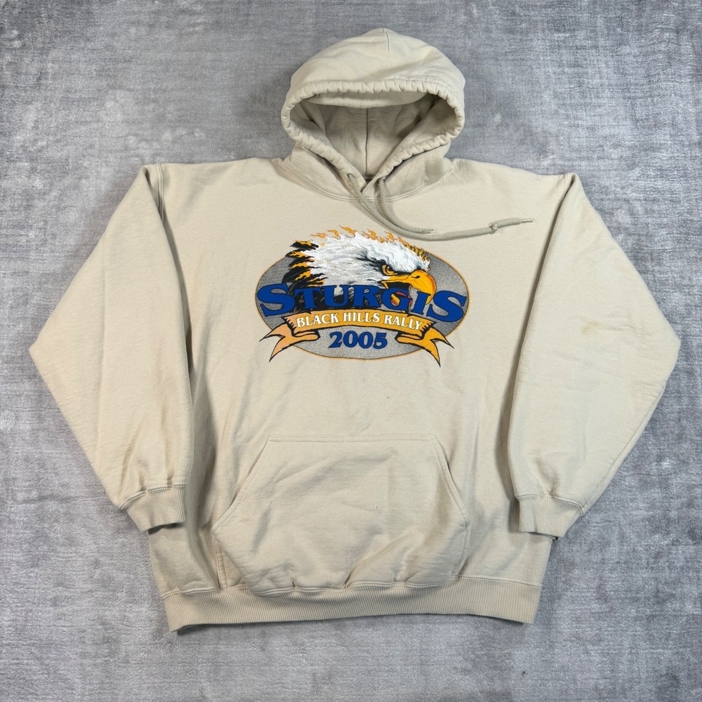Sturgis Sweatshirt Mens XL Beige Vtg Black Hills Rally Eagle Biker Y2K Hoodie